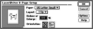 Laserwriter Page Setup Dialog, with the re-drawn Dogcow